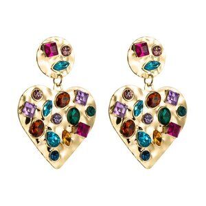 Multicolor Crystal Heart Gold Tone Earrings Pierced Chandelier New